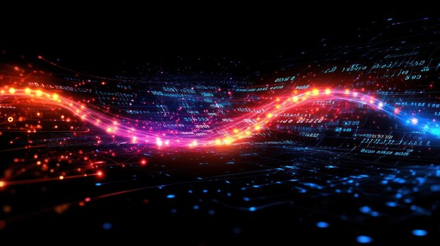 Digital wave flows, binary code background, data stream, network visualization
