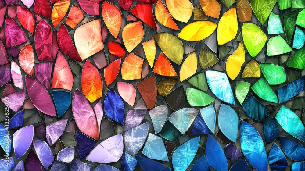 Wall mural A vibrant mosaic of colorful, leaf-shaped tiles arranged in a harmonious blend, showcasing a spectrum of colors from warm to cool tones.