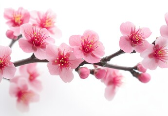 Pink blossom branch, spring flowers, white background, macro shot, greeting card