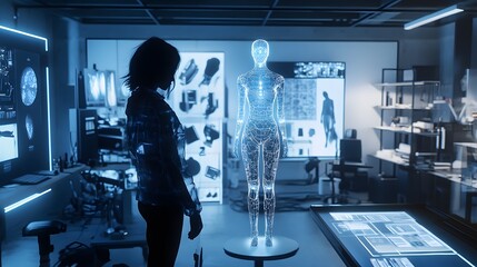 A fashion designer using an AI interface to visualize custom patterns and textures on a glowing