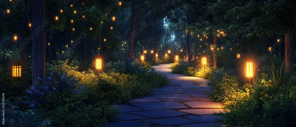 Poster a serene forest path illuminated by lanterns, creating a magical nighttime atmosphere.