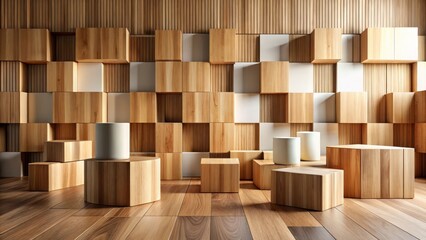 Wooden geometric shapes and cylindrical forms on a hardwood floor against a slatted wall of cubic wooden panels
