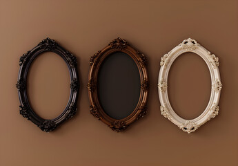 Three empty, ornate, vintage frames hang on the wall, with gold and brown tones against a dark beige wallpaper. The frames have an antique appearance, reminiscent of Baroque art