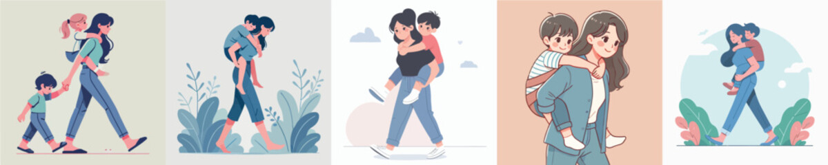 vector of a woman carrying her little sister on her back