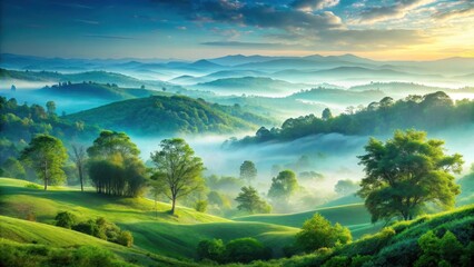 Serene Sunrise Over Rolling Hills and Misty Valleys, a Breathtaking Panorama of Lush Green Landscape