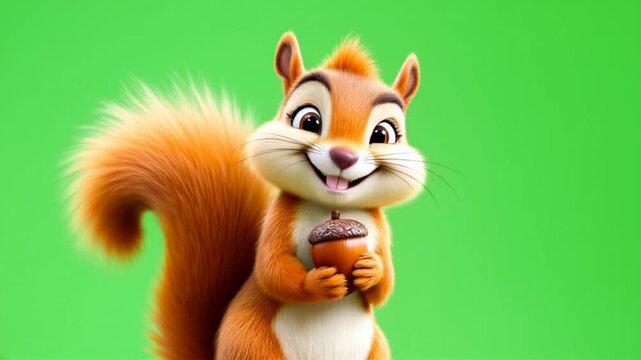Happy cartoon squirrel holding acorn, green screen, animation