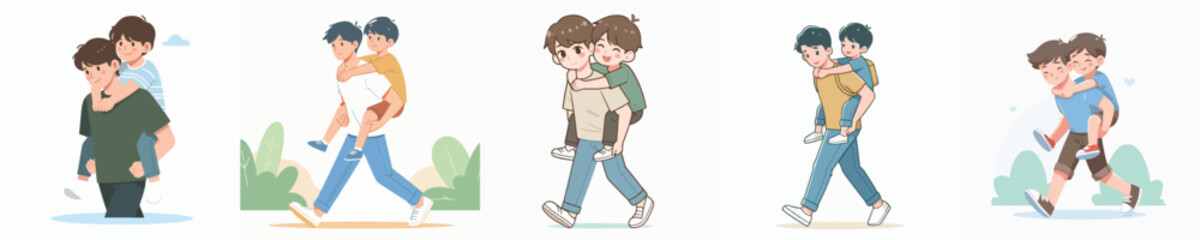 vector of a man carrying his little brother on his back