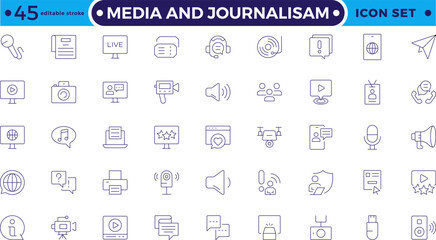 Journalism and mass media outline icon set. Vector illustration. Containing  microphone, journalist, press conference, newspaper social networks, public communication. Editable stroke outline icon.
