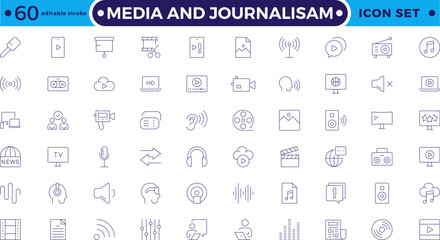 Journalism and mass media outline icon set. Vector illustration. Containing  microphone, journalist, press conference, newspaper social networks, public communication. Editable stroke outline icon.
