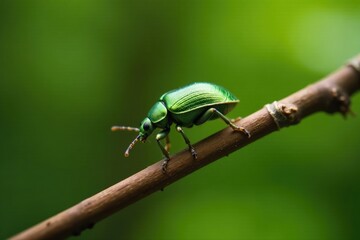 Fototapeta premium delicate green beetle on a slender aspen twig, leafy branch fauna, forest invertebrates, green beetle