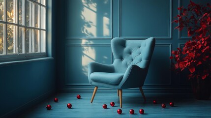 Blue armchair with red ornaments in a minimalist room. Generative AI