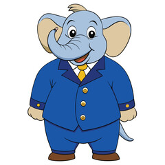 An elephant in a deep blue three-piece suit with gold buttons