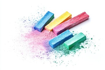 Fototapeta premium Colorful chalk pieces and powder flying isolated on white background