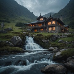 Obraz premium A mystical scene where a dragon rests near a waterfall, watching over a quaint mountain cottage.
