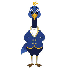 A peacock in a dark royal blue tuxedo with gold trimmings