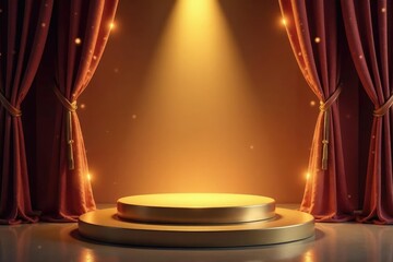 Golden podium with velvet curtains softly glowing in the background, silk, luxury