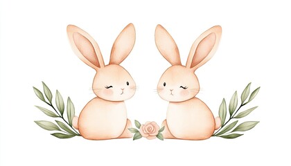Obraz premium Two cute rabbits sitting together with a rose and leaves, creating a whimsical and charming scene