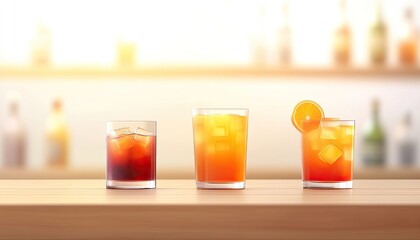 Three colorful cocktails on a wooden bar with blurred bottles in the background