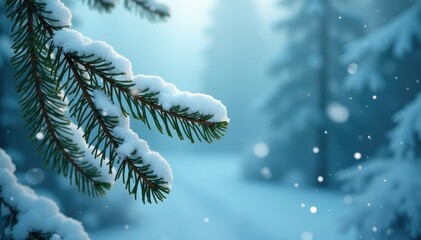 Light blue mist swirls around pine branches with delicate white snowflakes, cloud, natural