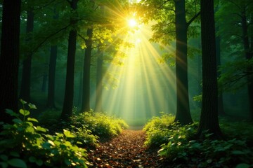 Obraz premium Light shines through the forest's leafy canopy, light, tree, forest