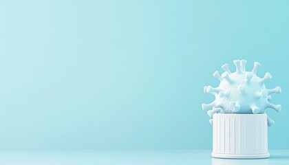 3D representation of a virus in a white container against a soft blue background, symbolizing health