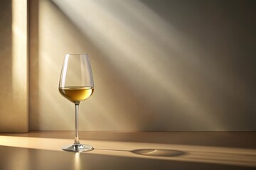 A single glass of white wine sits on a table bathed in sunlight, casting a shadow on the neutral-toned surface, offering a moment of peaceful contemplation