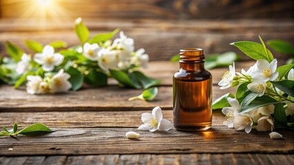 Aromatic Jasmine Essential Oil in Amber Bottle on Rustic Wooden Surface with Blooming Jasmine Flowers