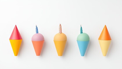Colorful ice cream cones with candles arranged in a line against a white background