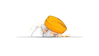 A serene illustration of a man in a traditional orange turban resting his head on a surface