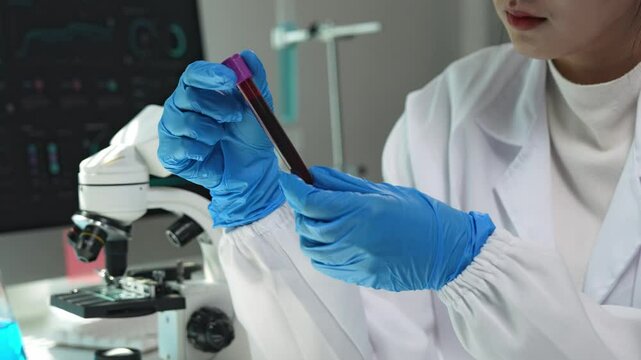 Laboratory technician wearing blue gloves and lab coat carefully examines a blood sample tube, with a microscope and computer monitor visible in the background
