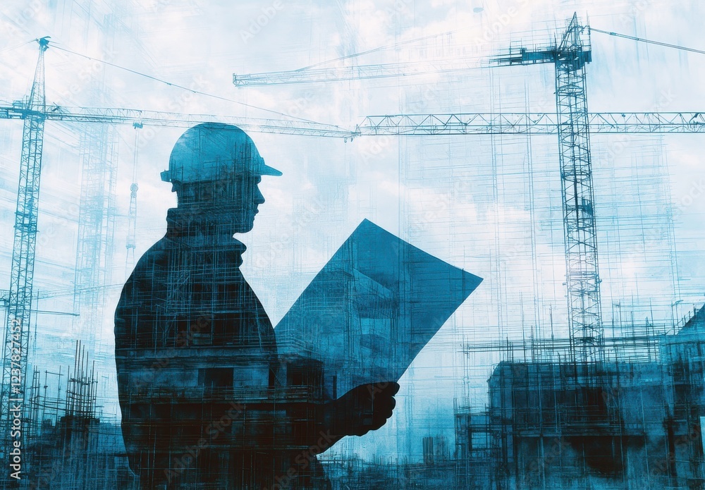 Poster a silhouette of a construction worker reviewing blueprints against a backdrop of cranes and building