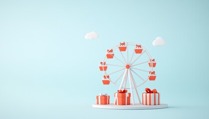 Colorful Ferris wheel with gift boxes on a light blue background, creating a festive atmosphere