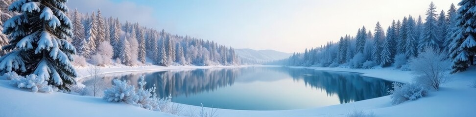 Snowy forest scenery with frozen lake and snow-covered trees, snowy wilderness, winter wonderland
