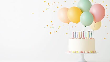 Colorful birthday cake with candles and balloons against a festive background of confetti