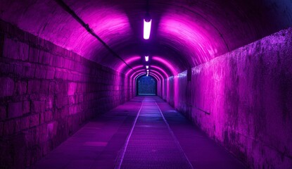 Pink neon lights illuminate a dark, arched stone tunnel.
