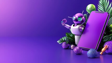Futuristic Robot with Smartphone Tropical Leaves Purple Background Modern Technology
