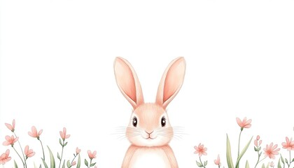 Cute illustrated rabbit surrounded by delicate pink flowers on a white background