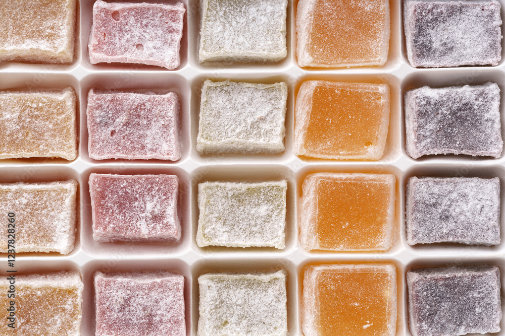 Poster colorful assortment of traditional confections displayed in a neat grid pattern on a white backgroun