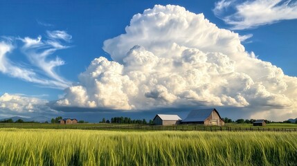 A vibrant rural farm scene with wooden barns, lush green fields, and towering cumulus clouds under a bright blue sky
