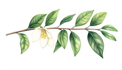 Detailed illustration of a flowering branch with green leaves and a white blossom, showcasing nature's beauty