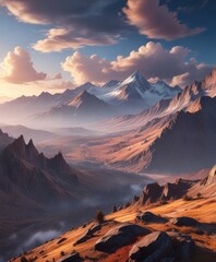 Fototapeta premium stunning mountain range with wispy clouds in the distance, natural scenery, clouds, mountains