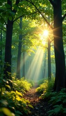 sunlight filtering through leaves in a forest, dappled light, light