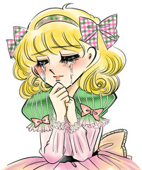 70年代、昔の少女漫画のお姫様風主人公が号泣するポートレートイラスト