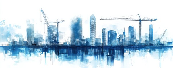 Fototapeta premium A watercolor city skyline with cranes, showcasing construction and urban development against a soft blue background.