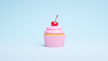Colorful cupcake with pink frosting and cherry on top against a light blue background