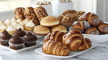 Flavorful rye, whole grain and wheat bread loaves, crispy french baguette and croissant, chocolate cupcake, toasts and sweet soft pretzel sketch icon. Bakery and pastry products
