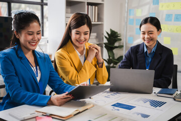 Female business leaders come together in conference room for their annual meeting, actively participating, asking questions, enriching  seminar, Asian people, only women, Proposals and comments.