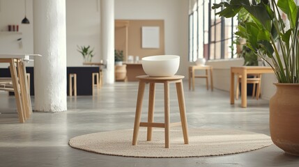 Modern Minimalist Studio Apartment Design White Bowl Wooden Stool Beige Rug