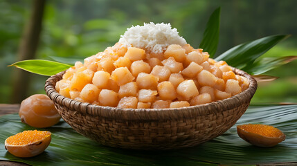 Sweet dessert, coconut topping, wooden bowl, tropical leaves, food photography