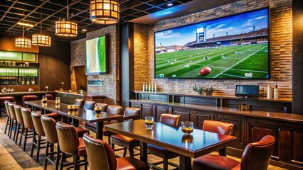 Sports bar interior with large screen TV displaying a live football game, table, sleek, hospitality, television